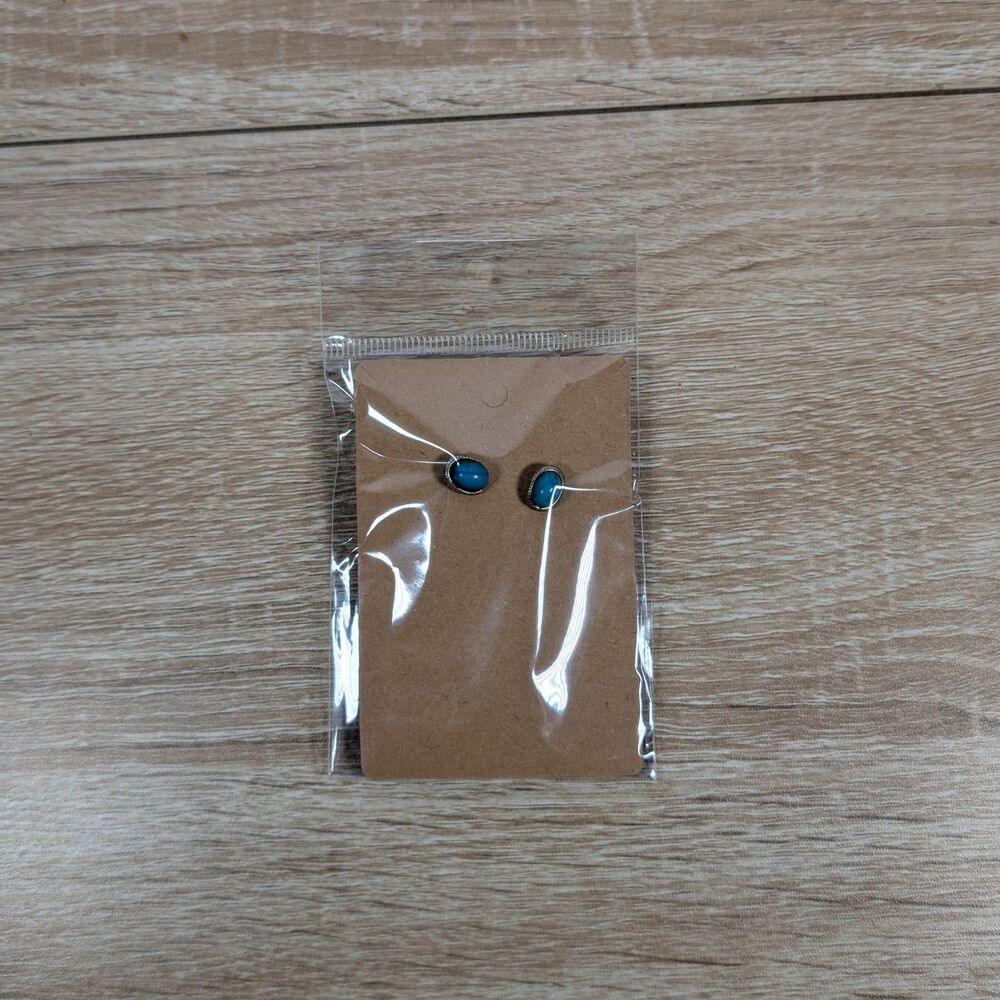 Blue Stone Stud Earrings Small Round Gold Tone Vintage Style Posts